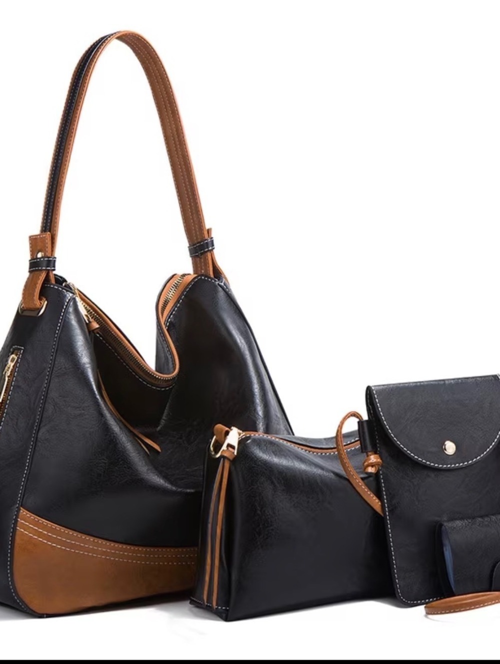 New -Vintage Style -4Pcs Faux Leather Classic Black & Brown Shoulder Bag Set